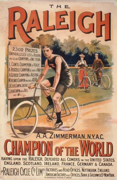 Poster advertising cycles Raleigh with a portrait of Arthur Augustus Zimmerman, world champion, 1893 by T. Moore